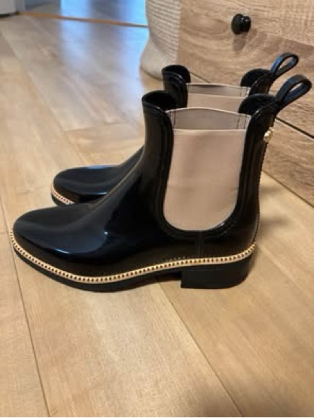 Black Patent Chelsea Ankle Boots with Cream Elastic Panels